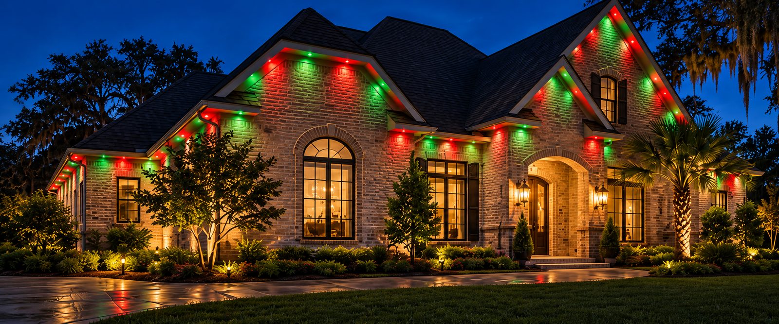 Lighting visualization of a house outlined in red and green holiday lights