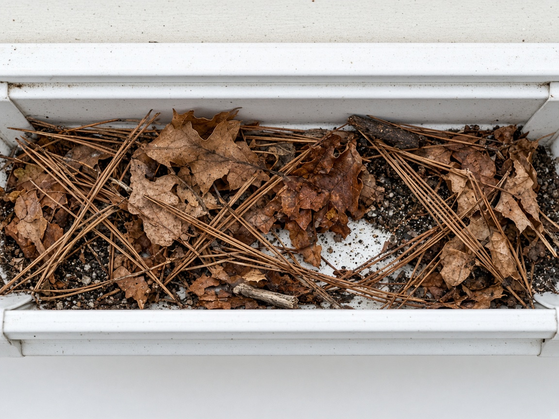 Gutter filled with leaves and pine straw