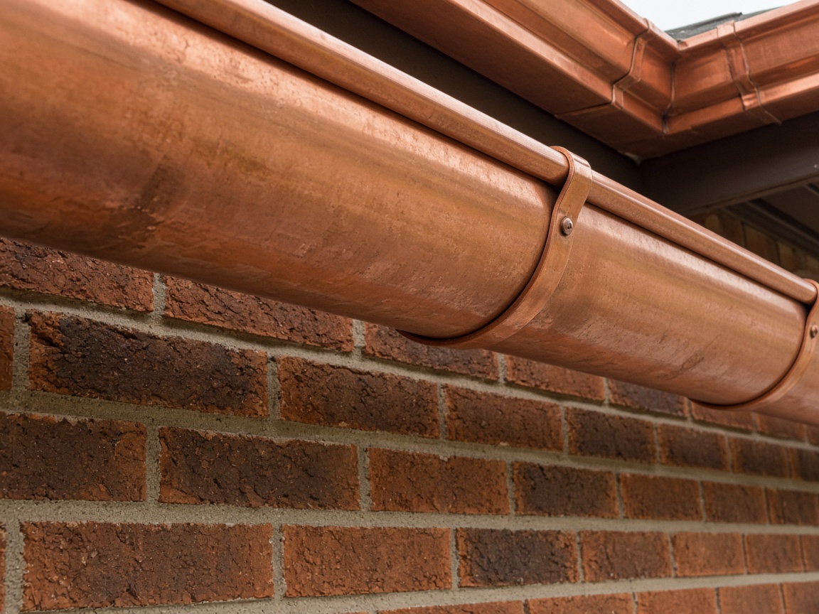 Bare copper half-round gutter on a brick wall