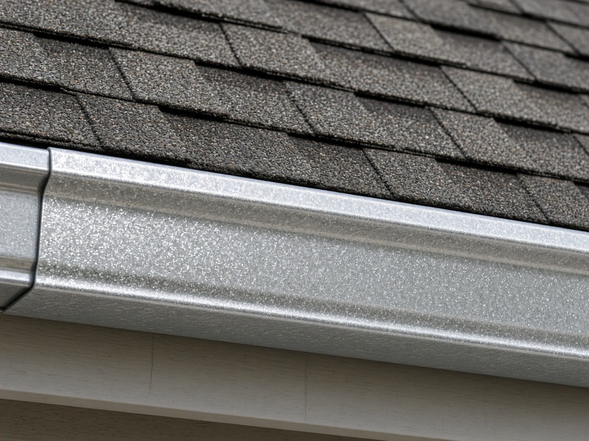 Unpainted silver Galvalume gutter under the shingles