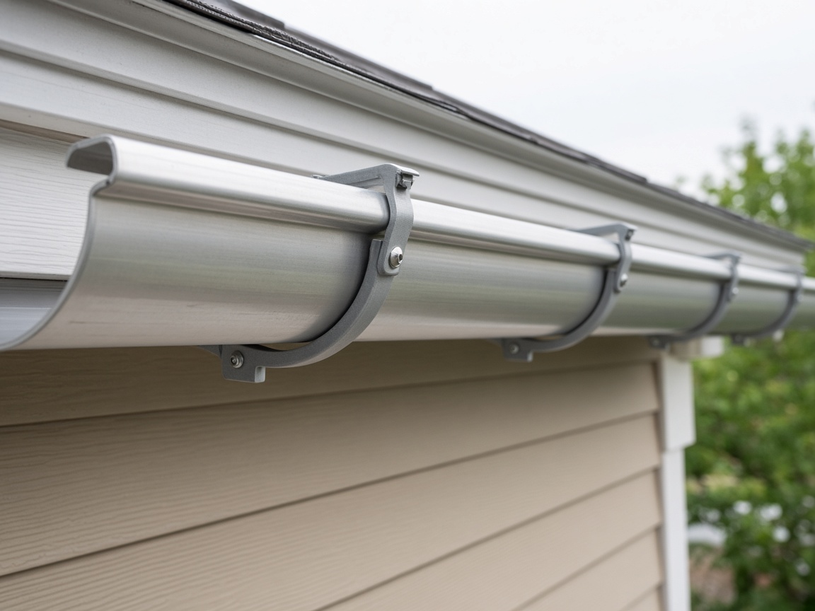 Half-round gutter held in external brackets