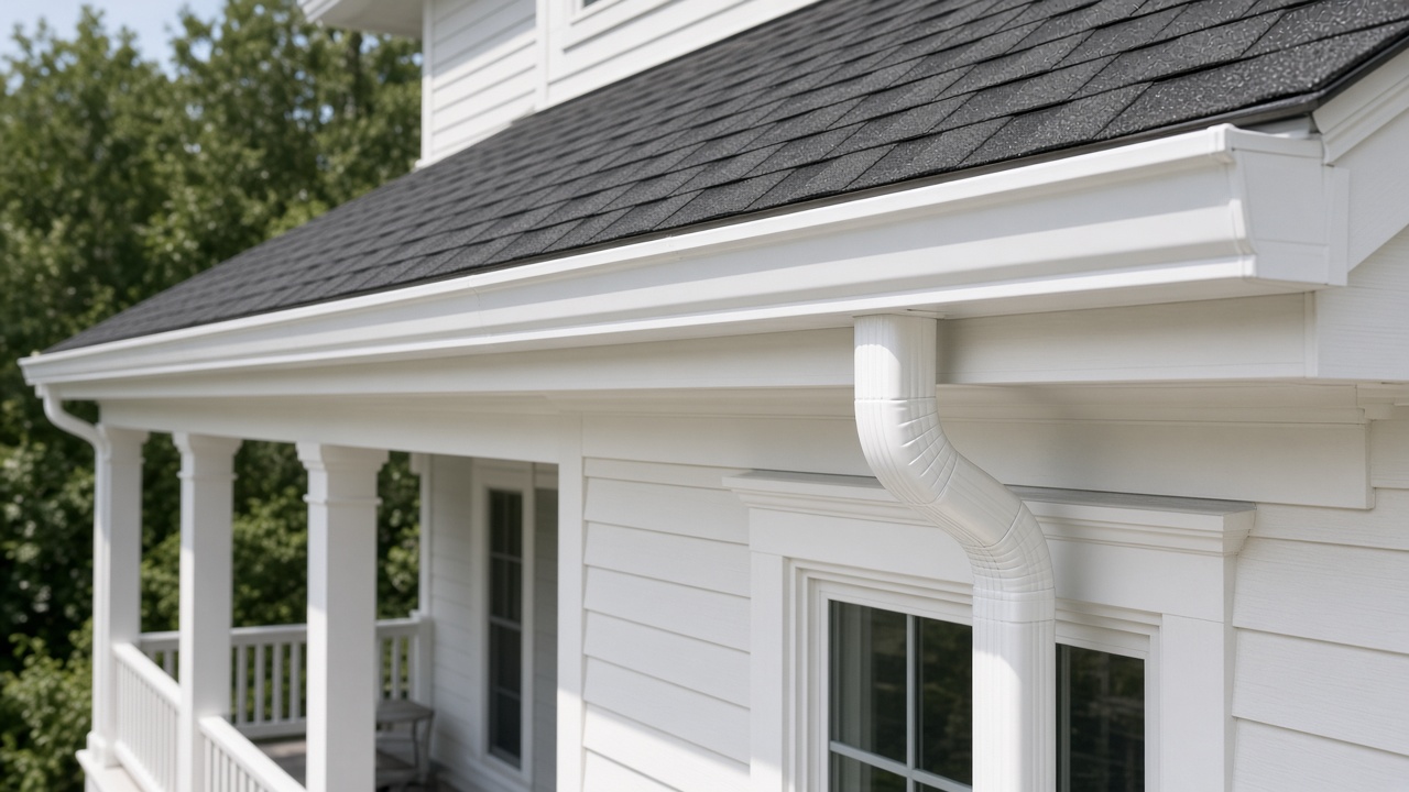 White seamless gutter along a roof eave