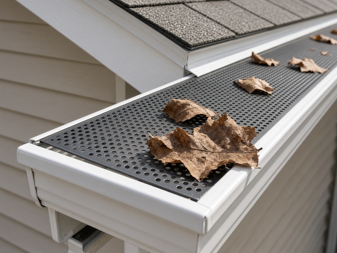Guard on a gutter with leaves sitting on top